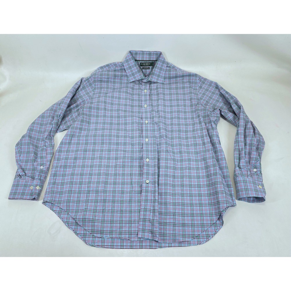 Lauren Ralph Lauren Mens 18 36/37 Classic Fit Stretch Non Iron Plaid Shirt Blue